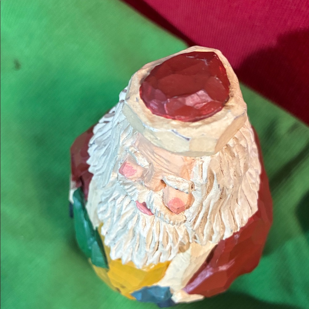Handcrafted Folk Art Santa Figurine with Green and Yellow Accents signed JY - Picture 8 of 9